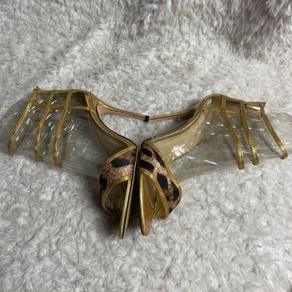 Shoe Dazzle leopard print and gold synthetic straps sandals back Zipper SZ8 - Picture 6 of 10